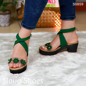 Bello Zapato Para Dama Con Fajas Cruzadas Y Florecitas Decoradas Verde / 35 Normal Zapatos Medianos