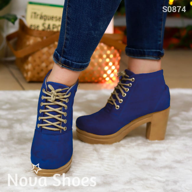 Botín Con Suela Color Crema Tacon Cuadrado. Con Cordones Azul / 35 Normal Zapatos Altos