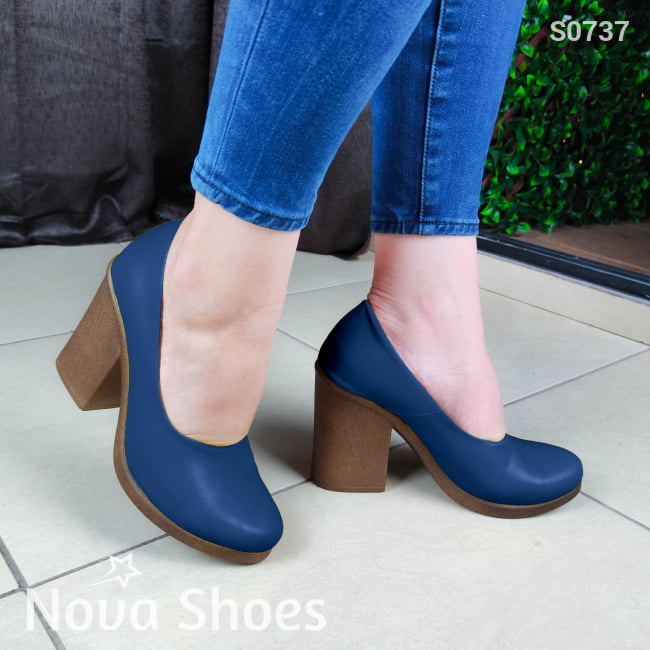 Calzado Cerrado Con Tacon Mediano Grueso Azul / 35 Normal Zapatos Medianos
