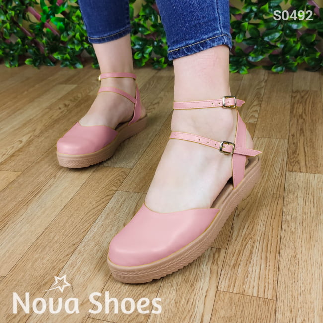 Calzado Cerrado De Enfrente Con Fajas Delgadas Atras. Suela Beige Comoda Y Suave Rosado / 35 Normal