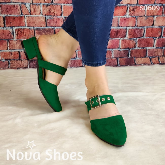 Calzado Con Taconcito Cerrado De Enfrente Puntudo Verde / 35 Normal Zapatos Bajitos