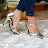 Calzado De Tacon Delgado Estilo Metalico Plateado / 35 Normal Zapatos Medianos