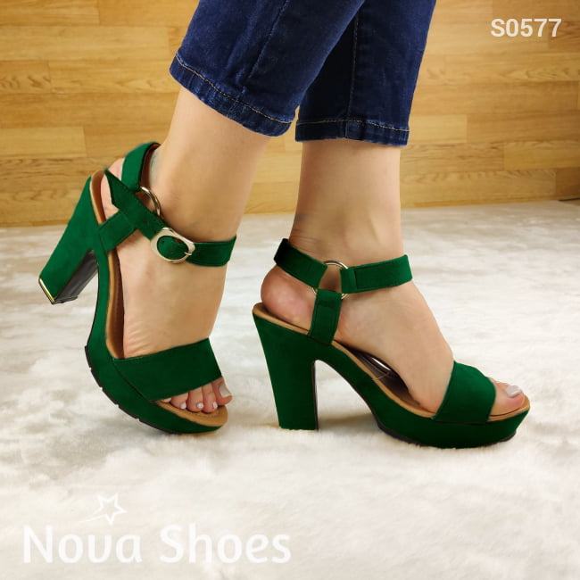 Calzado Hecho De Gamuza Estilo Tacon Cuadrado Verde / 35 Normal Zapatos Altos