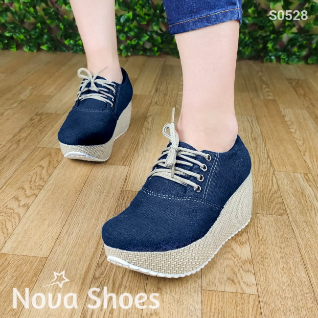 Calzado Mediano De Cordones Hecho Tela Jean. Fáciles Combinar Con Cualquier Ropa Jean Oscuro / 34