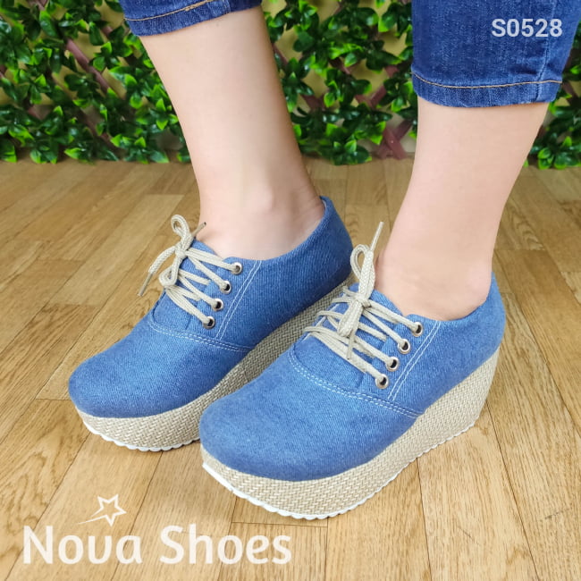 Calzado Mediano De Cordones Hecho Tela Jean. Fáciles Combinar Con Cualquier Ropa Zapatos Medianos
