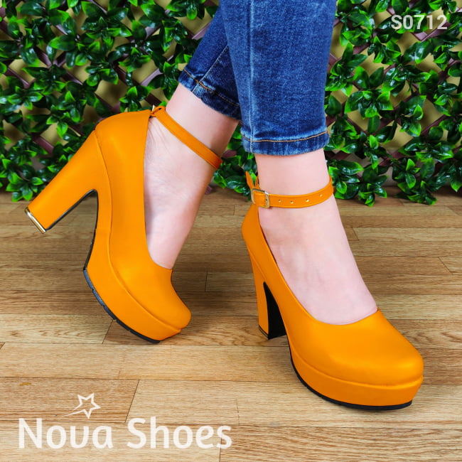 Calzado Para Dama De Cuerina Estilo Tacon Cuadrado. Estilo Casual Cerrado Anaranjado / 35 Normal