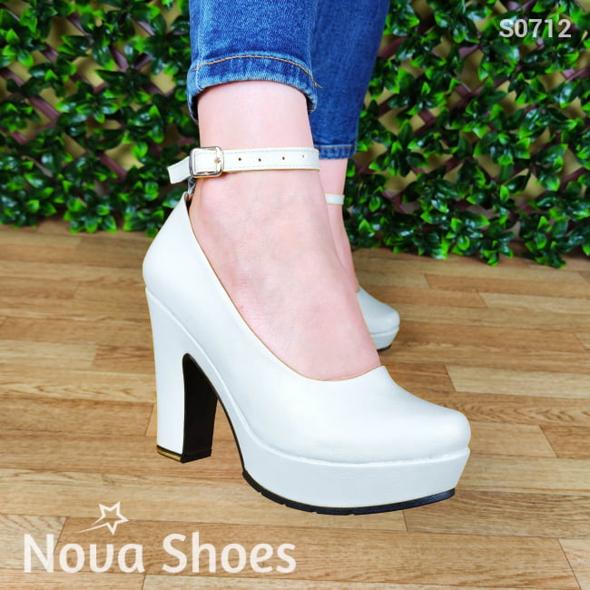 Calzado Para Dama De Cuerina Estilo Tacon Cuadrado. Estilo Casual Cerrado Blanco / 35 Normal Zapatos