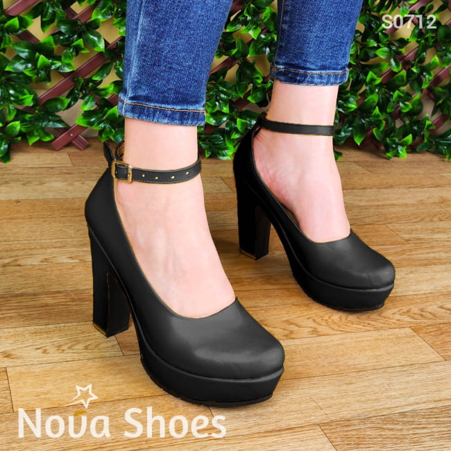 Calzado Para Dama De Cuerina Estilo Tacon Cuadrado. Estilo Casual Cerrado Negro / 35 Normal Zapatos