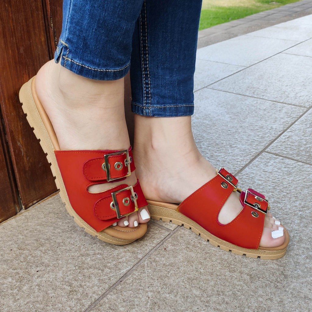 Sandalia Con Dos Hebillas Ajustable Rojo / 34 Normal Zapatos Medianos