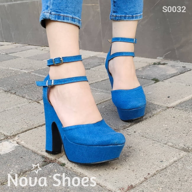 Cerrado De Enfrente Con Dos Fajas Atras Hecho Tela Jean. Dos Colores Disponibles Zapatos Altos