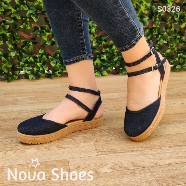 Cerrado De Enfrente Hecho Tela Jean Zapatos Bajitos