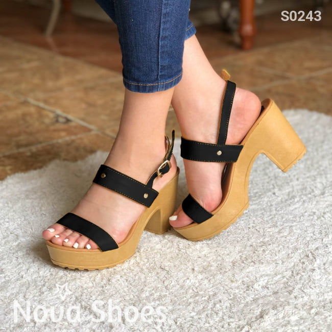 Cómodas Sandalias De Tacón No Tan Altas Suela Color Crema Negro / 35 Normal