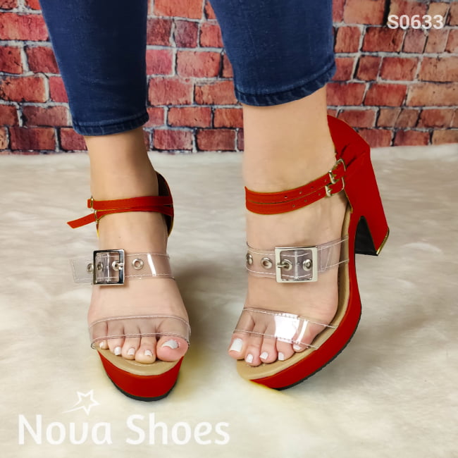 Complejo Zapato De Tacón Pequeño. Hecho Cuerina Y Fajas Transparentes Rojo / 35 Normal Zapatos