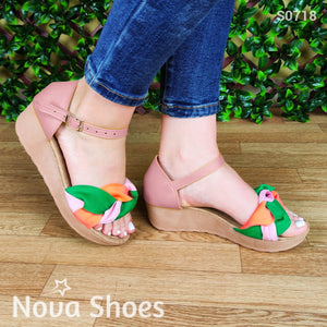 Delicadas Sandalias De Plataforma Con Tela Colorida Rosado / 34 Normal Zapatos Medianos