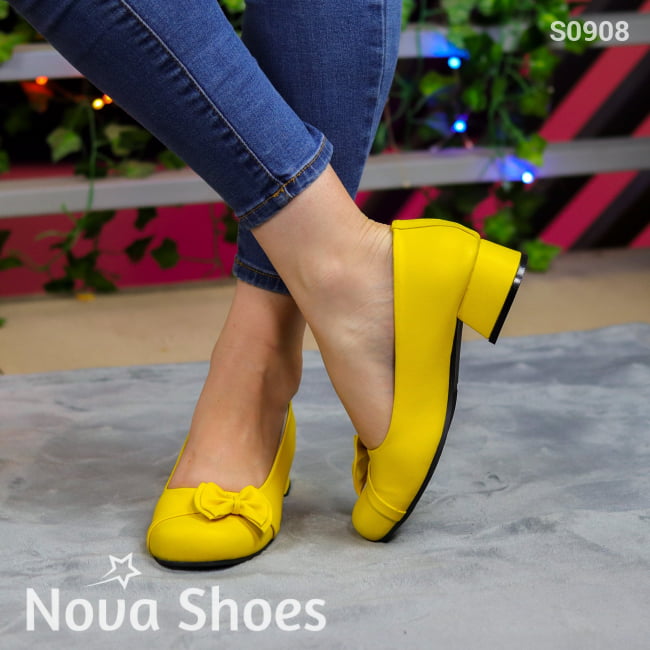 Elegantes Bailarinas Con Punta Redonda Y Tacon Pequeño Amarillo / 35 Normal Zapatos Bajitos