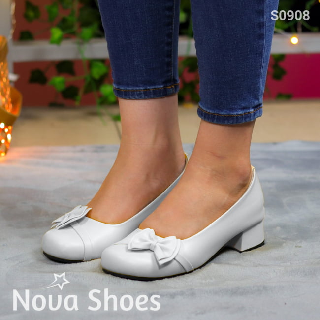 Elegantes Bailarinas Con Punta Redonda Y Tacon Pequeño Blanco / 35 Normal Zapatos Bajitos
