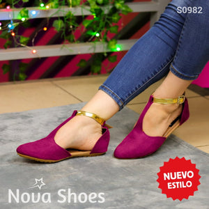 Elegantes Flats Semi Abierta Con Faja Ajustable En Color Dorado. Fucsia / 35 Normal Zapatos Bajitos