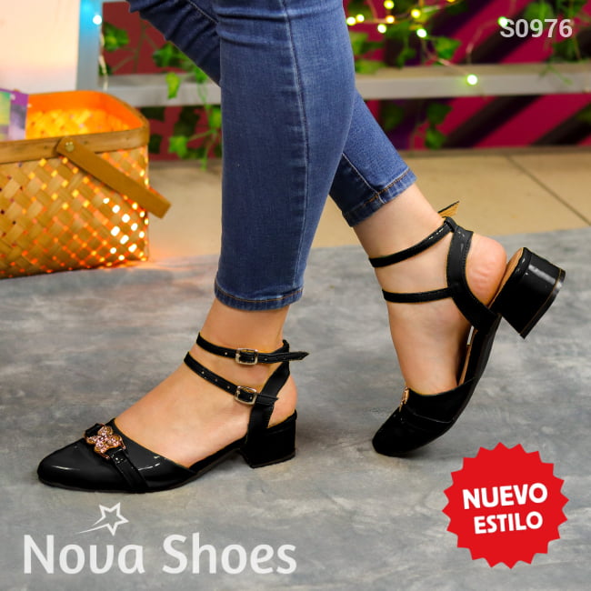 Encanto Y Confort: Zapatos De Charol En Tacón Bajo Diseño Sofisticado Negro / 35 Normal Medianos