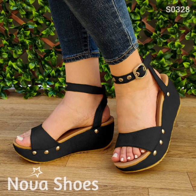 Espectacular Plataforma Decorados Con Clavos Cromados A Los Lados Negro / 34 Normal Zapatos Medianos