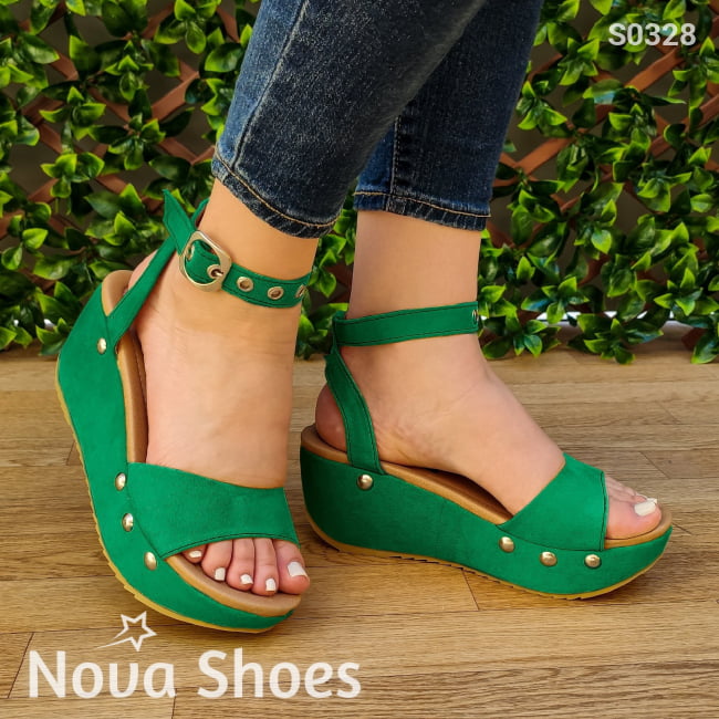 Espectacular Plataforma Decorados Con Clavos Cromados A Los Lados Verde / 34 Normal Zapatos Medianos