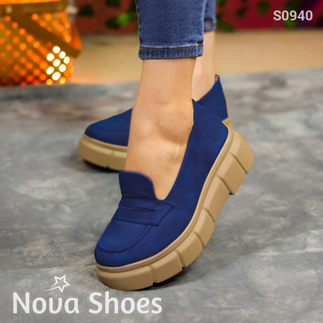 Estilo Urbano: Mocasines Con Plataforma Moderna Azul / 35 Normal Zapatos Medianos