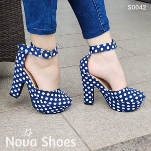 Femenino Zapato Alto Cerrado Con Tela Patron De Puntos Azul / 35 Normal Zapatos Altos