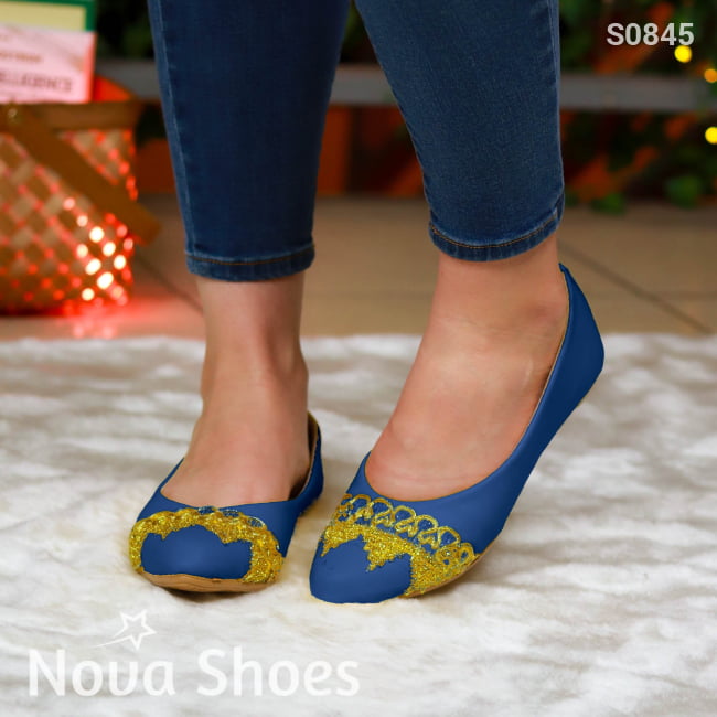 Flats Exclusivas Con Un Topque Elegante Y Llamativo Azul / 35 Normal Zapatos Bajitos