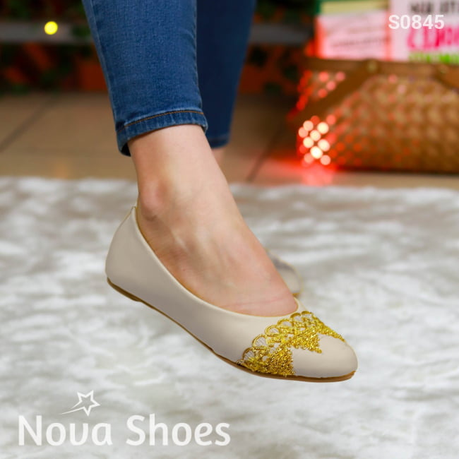 Flats Exclusivas Con Un Topque Elegante Y Llamativo Beige / 35 Normal Zapatos Bajitos