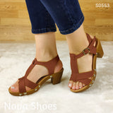 Hermosa Sandalia De Tacón Decorada Con Remaches Cafe / 35 Normal Zapatos Medianos