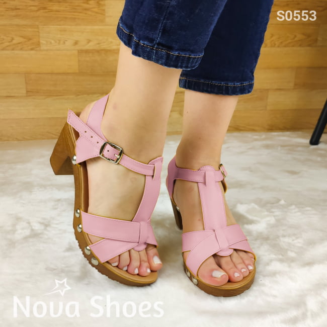 Hermosa Sandalia De Tacón Decorada Con Remaches Rosado / 35 Normal Zapatos Medianos