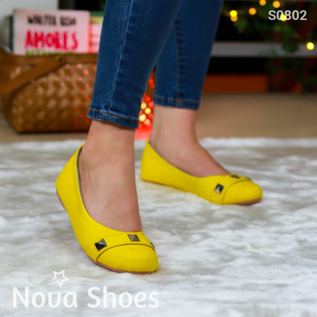 Hermosas Flats Con Decorados Metalicos Cuadrados Amarillo / 35 Normal Zapatos Bajitos