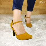 Hermoso Zapato Cerrado De Tacon Delgado No Tan Alto Hecho Gamuza Amarillo / 35 Normal Zapatos