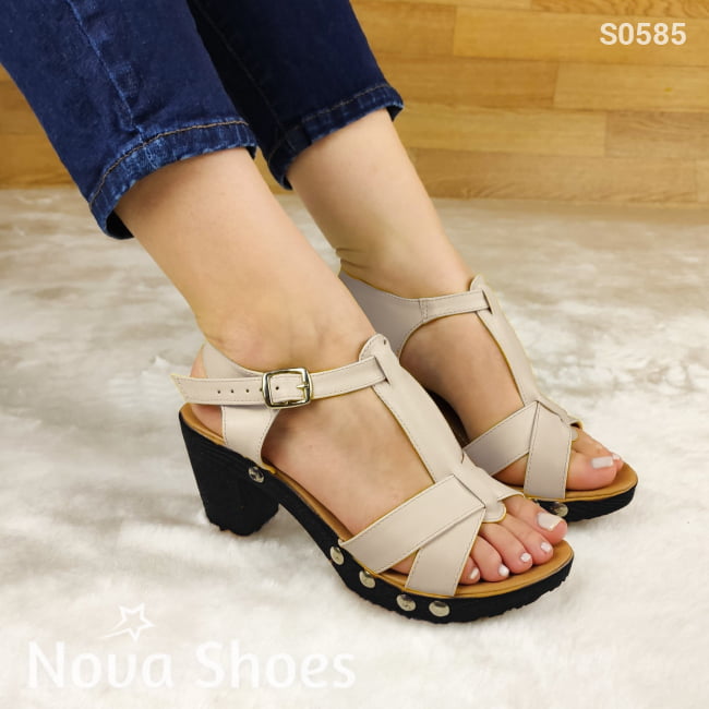 Hermosos Zapatos De Tacon Cuadrado Pequeño Decorado Con Tachuelas Beige / 35 Normal Zapatos Medianos