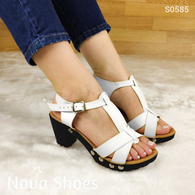 Hermosos Zapatos De Tacon Cuadrado Pequeño Decorado Con Tachuelas Blanco / 35 Normal Zapatos