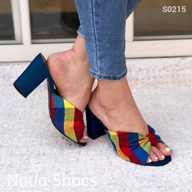 Linda Sandalia De Tacón Hecha Con Tela Lenca Colorida Azul / 35 Normal Zapatos Medianos