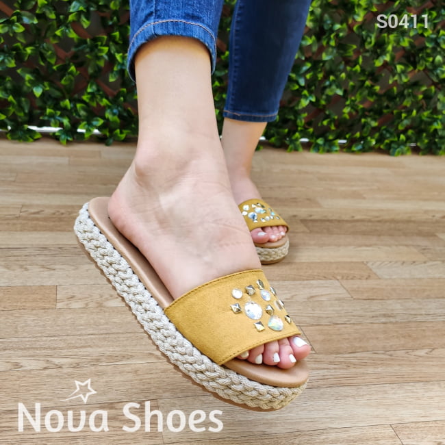 Lindas Sandalias De Gamuza Con Brillantitos Amarillo / 35 Normal Zapatos Medianos