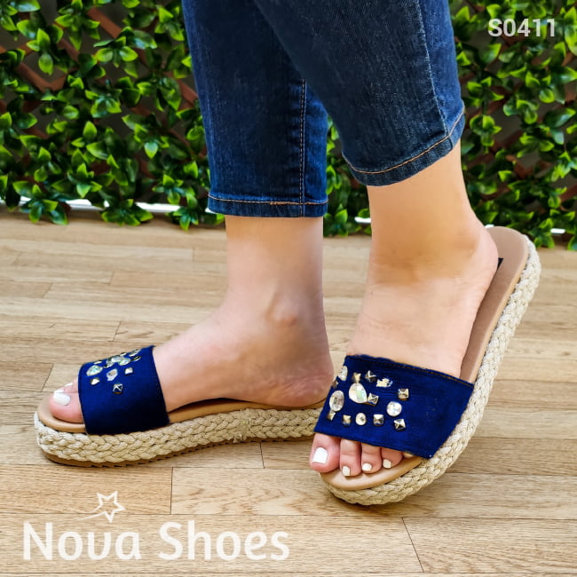 Lindas Sandalias De Gamuza Con Brillantitos Azul / 35 Normal Zapatos Medianos