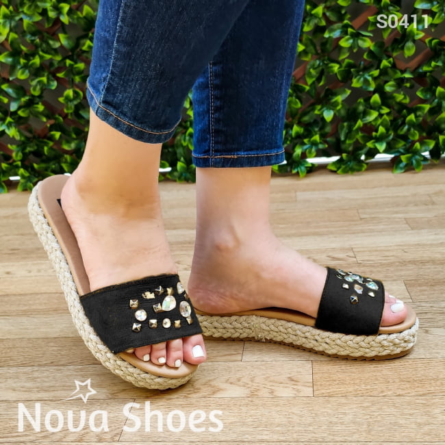 Lindas Sandalias De Gamuza Con Brillantitos Negro / 35 Normal Zapatos Medianos