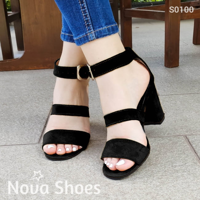 Lindas Sandalias De Gamuza Con Tres Fajas Negro / 35 Normal Zapatos Medianos
