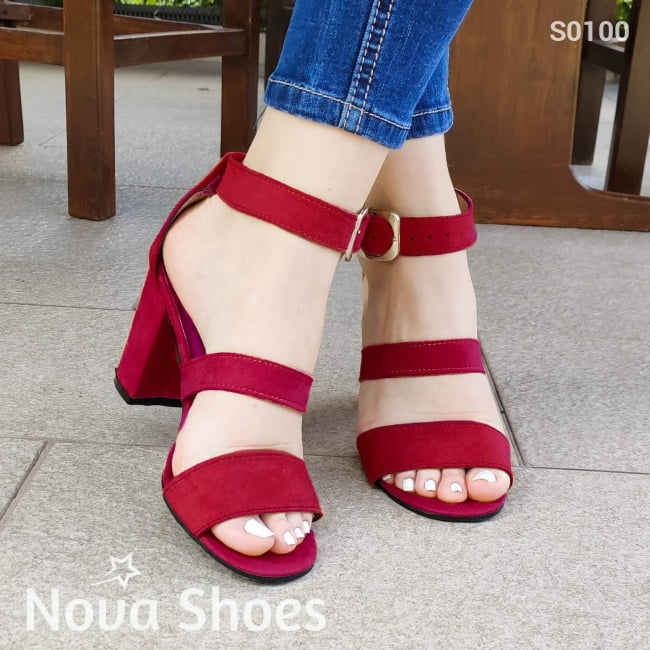 Lindas Sandalias De Gamuza Con Tres Fajas Rojo / 35 Normal Zapatos Medianos
