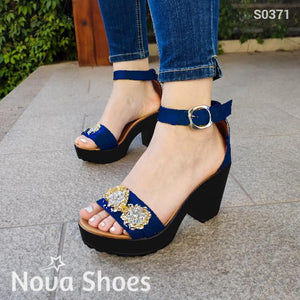 Lindas Sandalias De Tacon Con Decorado Enfrente Azul / 35 Normal Zapatos Medianos