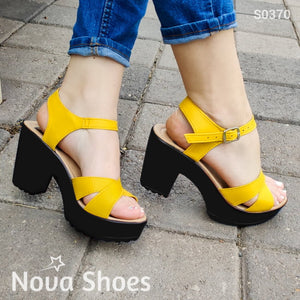 Lindos Zapatos De Tacón Mediano Suela Resina Color Negra Amarillo / 35 Normal Zapatos Medianos