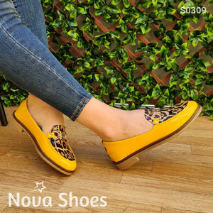 Mocasin De Charol Con Diseño Animal Print Amarillo / 35 Normal Zapatos Bajitos