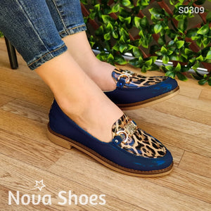 Mocasin De Charol Con Diseño Animal Print Azul / 35 Normal Zapatos Bajitos