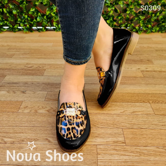 Mocasin De Charol Con Diseño Animal Print Negro / 35 Normal Zapatos Bajitos