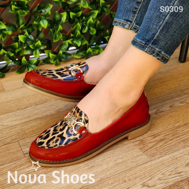 Mocasin De Charol Con Diseño Animal Print Rojo / 35 Normal Zapatos Bajitos