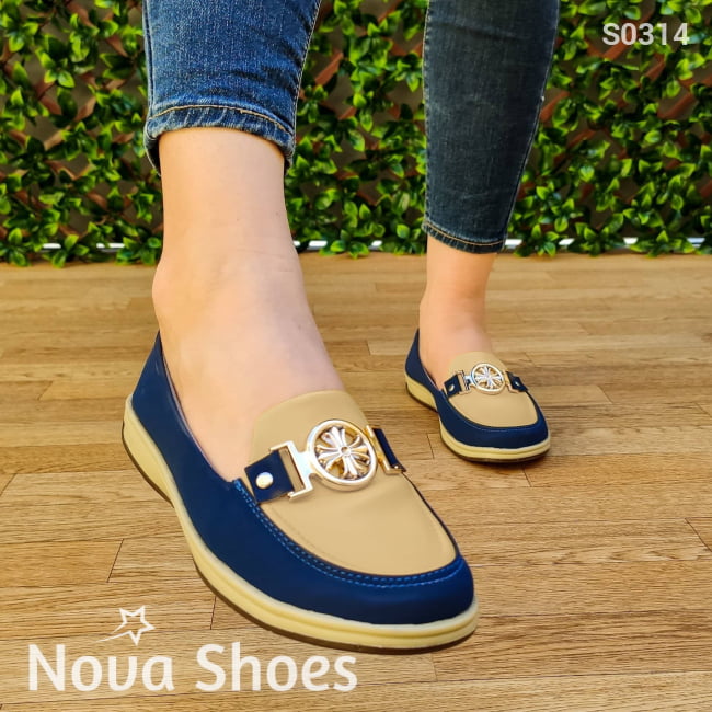 Mocasín De Color Combinado Beige / 35 Normal Zapatos Bajitos