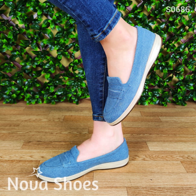 Mocasin Hecho Con Tela De Jean Dos Tonalidades Jean Claro / 35 Normal Zapatos Bajitos