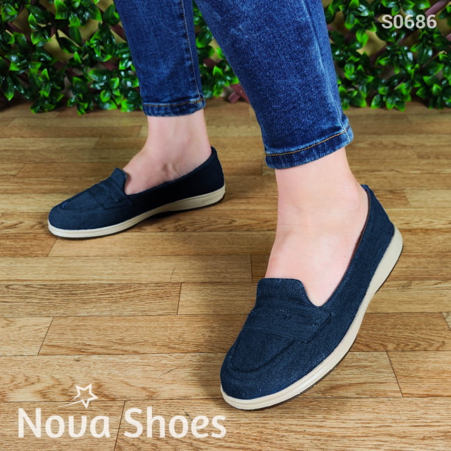 Mocasin Hecho Con Tela De Jean Dos Tonalidades Jean Oscuro / 35 Normal Zapatos Bajitos