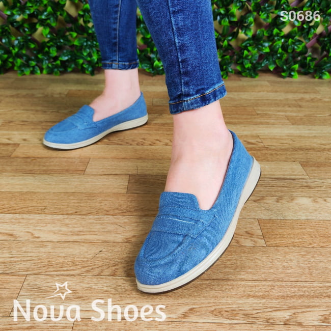 Mocasin Hecho Con Tela De Jean Dos Tonalidades Zapatos Bajitos